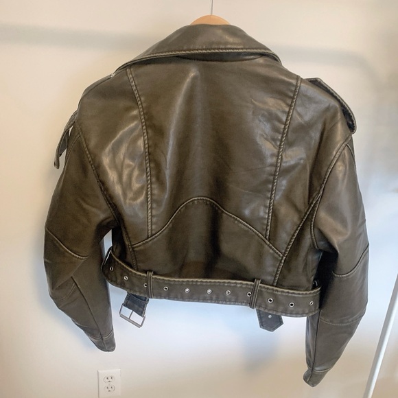 ZARA Cropped PU Leather Biker Jacket Brown Olive | Size S | NWOT - Picture 5 of 11
